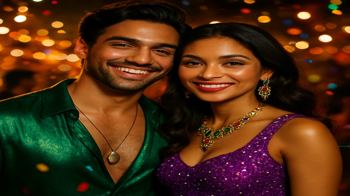 রঙিন কার্নিভ্যাল পোশাক পরা এক সুখী নর-নারী জুটি খোলা আকাশে একটি জাঁকজমকপূর্ণ উত্সবে উদযাপন করছেন, cv44-এ একসাথে গেম খেলার মজা, সামাজিকতা ও উত্তেজনাপূর্ণ পরিবেশকে ধারণ করছেন।